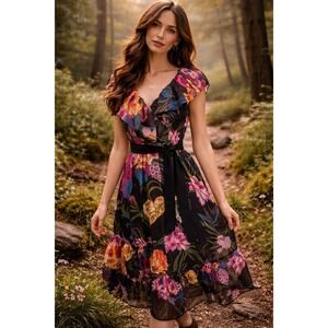 Vtg Kiki Hart Dress Womens 6 Floral Psychedellic Ruffle Chiffon Formal Retro